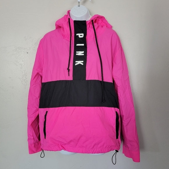 Pink VS Neon Pink Anorak Pullover Jacket Hoodie Sherpa Hood Windbreaker Medium - Picture 1 of 9